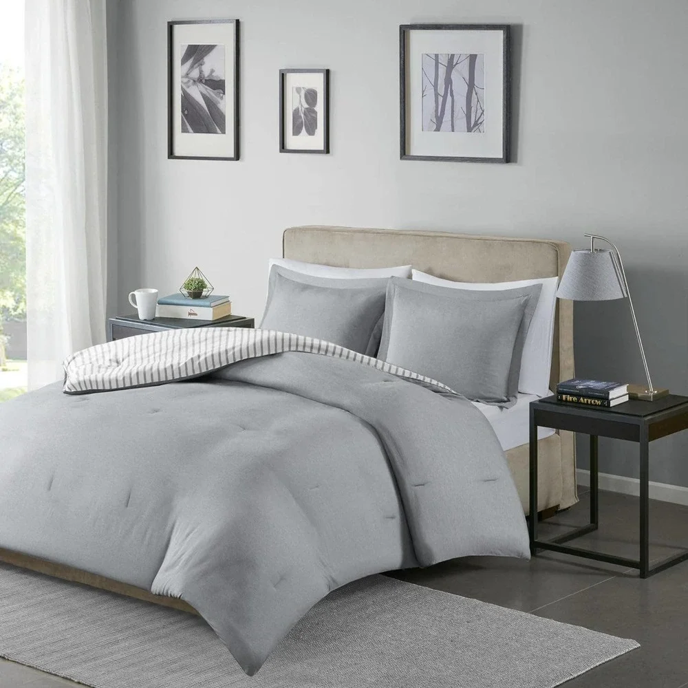 NWT-Madison Park KING Duvet & Shams Reversible Stripes & Shower Curtain